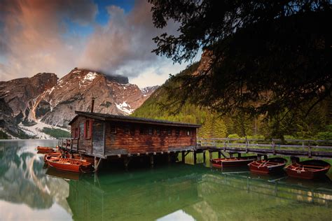 Lake Braies Italy Lake Mountains Marinas Boats Hd Wallpaper
