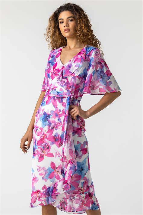 Floral Print Frill Wrap Dress In Pink Roman Originals Uk