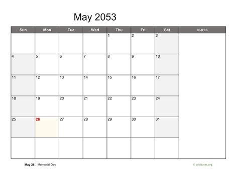 May 2053 Calendar With Notes