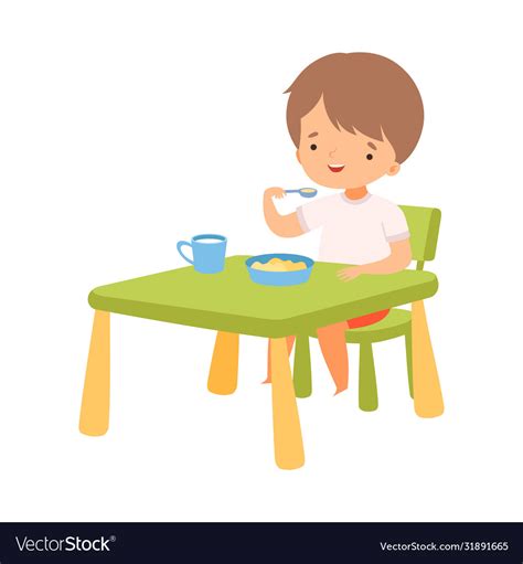 Cute Boy Eating Breakfast At Table Preschool Vector Image