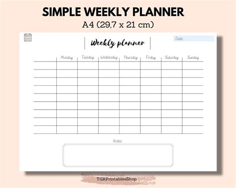 A4 Weekly Planner Printable Sheet Business Planner Student Weekly