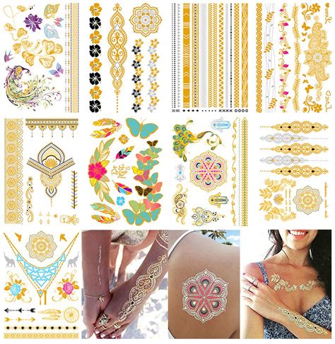 buy gold temporary tattoos for women metallic henna tattoo flash jewelry tattoos body stickers
