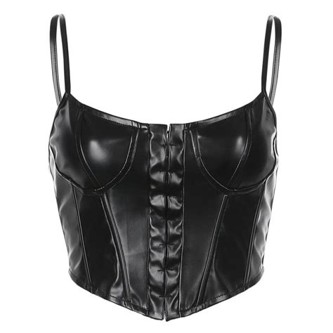 Sexy Black Leather Corset Top For Women Sleeveless Deep V Neck Etsy