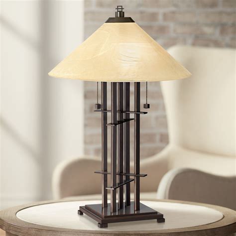 Franklin Iron Works Mission Accent Table Lamp Bronze Cone Alabaster Art Glass Shade For Living