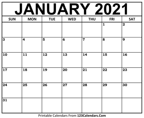 Printable Calendar 2021 Monthly Free Online