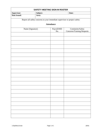 Free 6 Safety Meeting Sign In Sheets In Pdf Ms Word