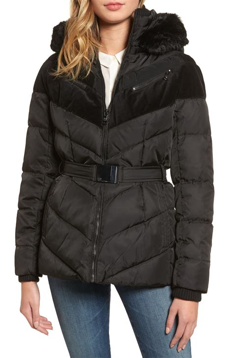 Vince Camuto Belted Down And Feather Fill Coat With Faux Fur Trim Hood