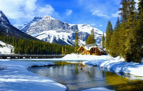 Emerald Lake Canada Winter Hills Landscape Beautiful Mountain