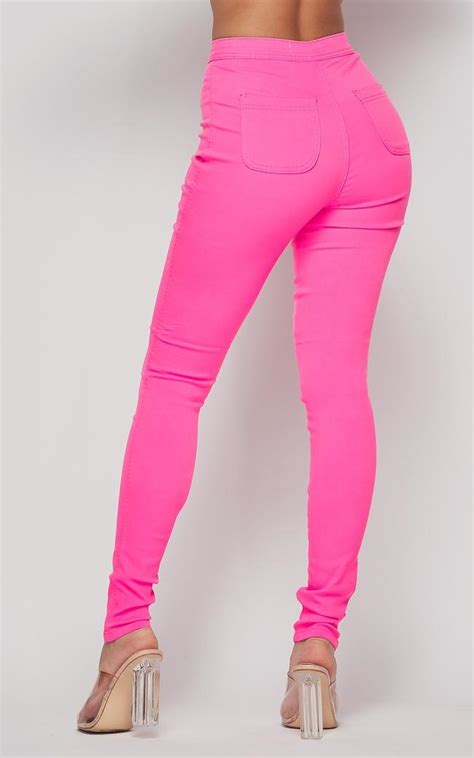 Super High Waisted Stretchy Skinny Jeans Neon Pink