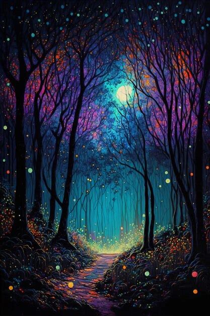 Premium Photo A Painting Of A Path Through A Forest With Fireflies