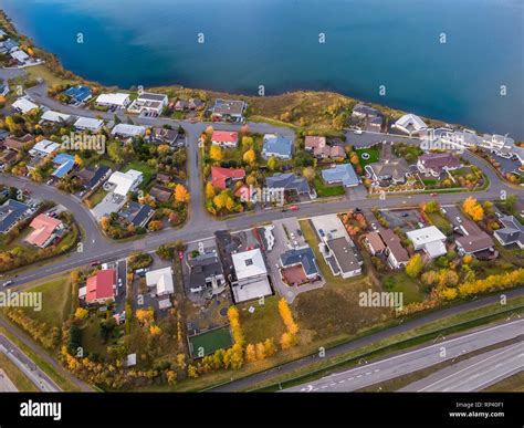 Aerial Suburban Neighborhood Gardabaer Near Reykjavik Iceland Stock