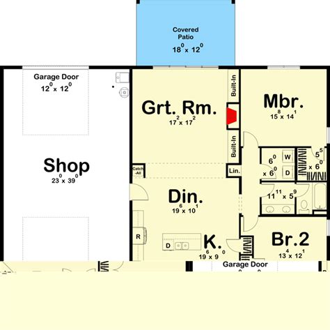 Single Story 2 Bedroom Barndominium With Drive Through Shop House Plan