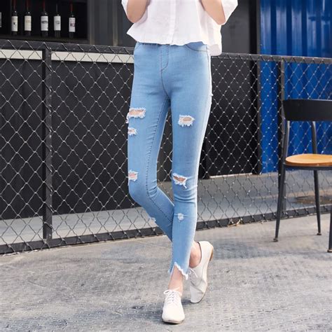 Korean Casual Women Brand Vintage Skinny Denim Jeans Slim Ripped Pencil Jeans Hole Pants Female