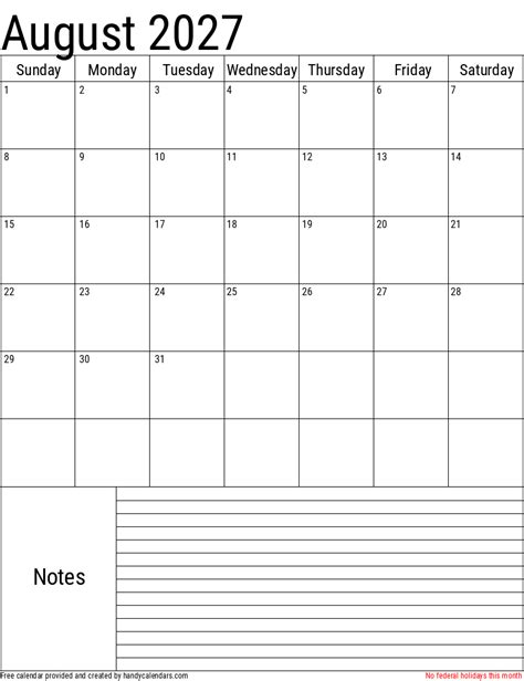 August 2027 Vertical Calendar With Notes And Holidays Handy Calendars