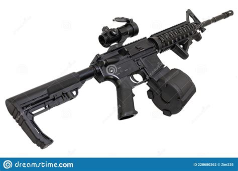 M4 Assault Rifle With Optic Scope And Drum Magazine Stock Photo Image