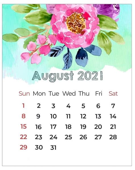 August 2021 Calendar Floral Printable Blank Calendar Template