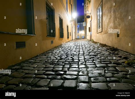Old Narrow Street In Prague Mala Strana Late In The Evening With