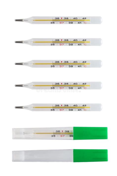 Set Of Mercury Medical Thermometers With Normal And High Temperature Of