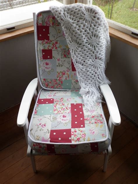 upcycles retro chair. patchwork quilted squabs and painted the woodwork
