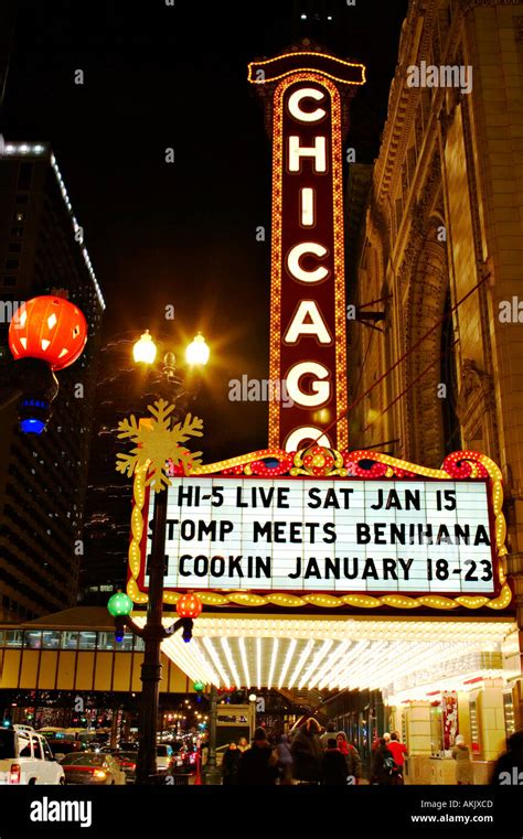 Night Chicago Illinois Chicago Theater Marquee Holiday Lights And
