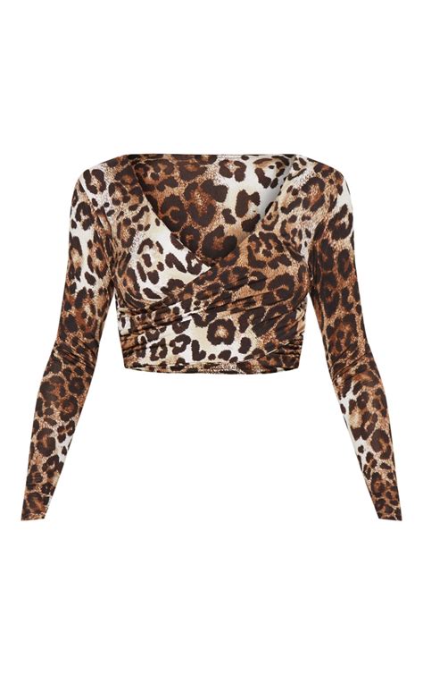 tan leopard print wrap top tops prettylittlething