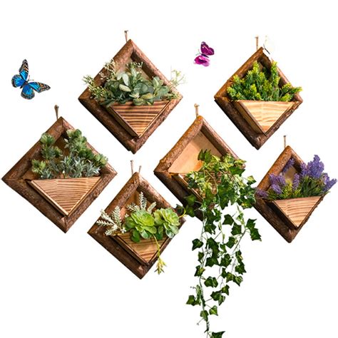 1x Wooden Wall Mounted Shelf Diy Artificial Hanging Rack Flower Plant