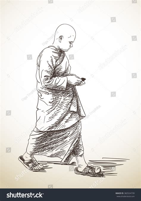 Sketch Of Walking Buddhist Monk With Smart Phone Hand Drawn