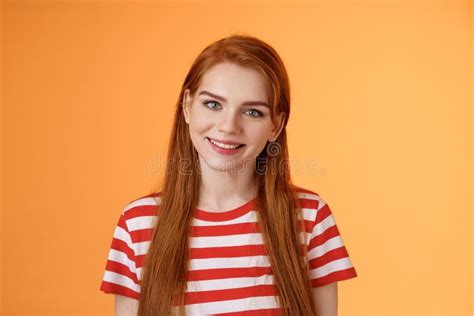 Close Up Tender Cute Redhead Young Woman Smiling Joyfully Express Happiness Friendly Emotions