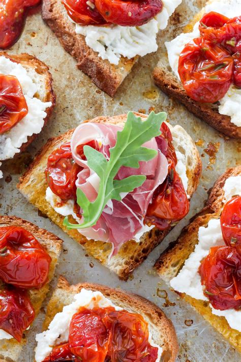 Bruschetta with Rosemary, Roasted Tomatoes, Ricotta, and Prosciutto - Baker by Nature