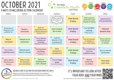 5 Ways To Wellbeing October Action Calendar For Mental Health Month