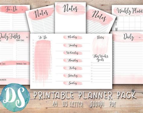 Printable Planner Bundle For Her Pink WaterColour 8 PDFs A4