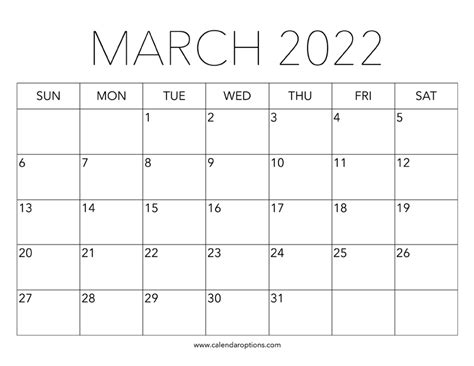 Printable March 2022 Calendar Calendar Options