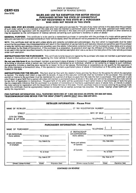 Fillable Form Cert 125 Sales And Use Tax Exemption For Motor Vehicle