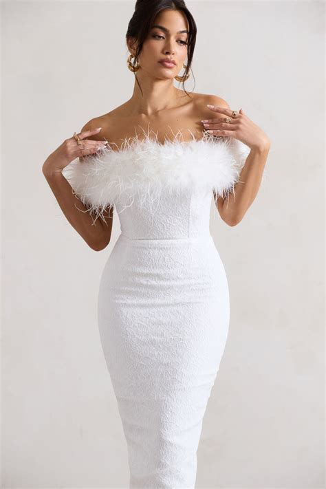 Maiden White Lace Bardot Midi Dress With Feather Trim Club L London Usa