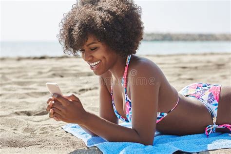 Happy Afro American Woman Sunbathing On Beach Stock Photo Image Of