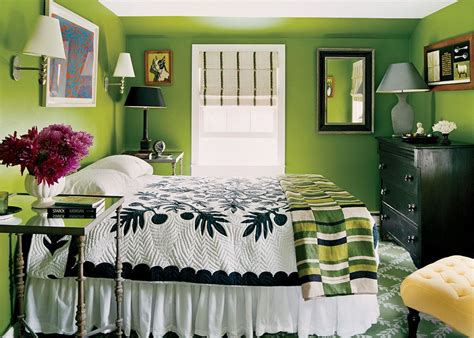 Lime green bedroom with black and white floral quilt, pantone lime
