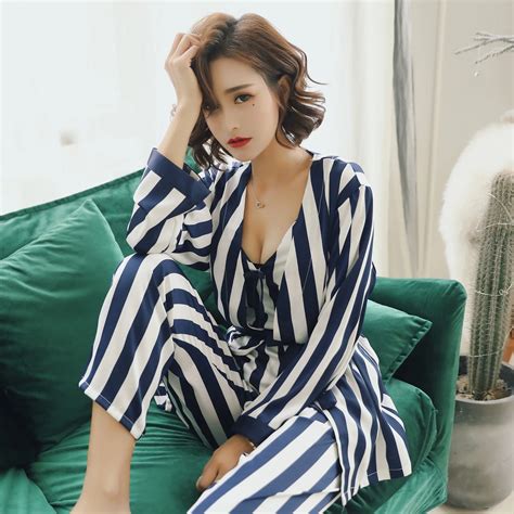 2018 Spring Women Silk Pajamas Set 3 Pcs Striped Sexy Women Pajama Sets Nightdressrobepant