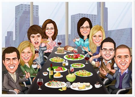 Company Dinner Party Caricatures Caricature Family Picture Cartoon Cat Painting