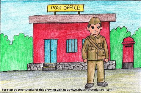 How To Draw Postman Outside Postoffice For Kids Scenes Step By Step