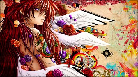 Wallpaper Colorful Illustration Digital Art Redhead Flowers Anime Girls Wings Angel