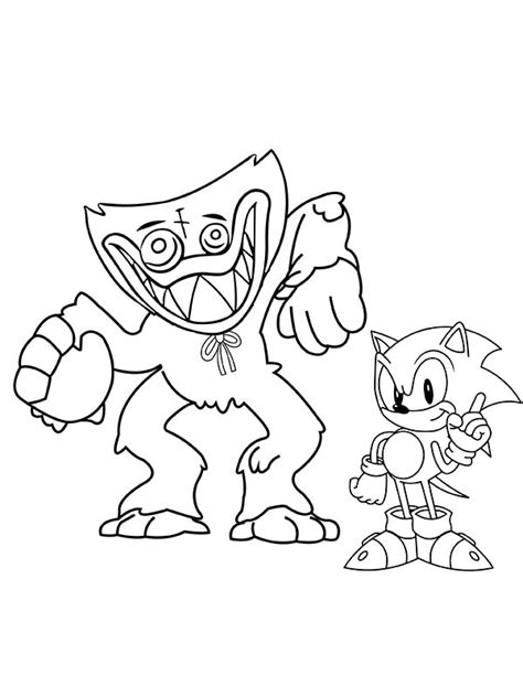 Dancing Huggy Wuggy and Sonic Coloring Page - Free Printable Coloring