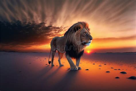 Portrait Of A Beautiful Male Lion On A Sunset Beach Stock Illustration