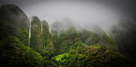 Nature Landscape Oahu Hawaii Tropical Forest Mist Waterfall