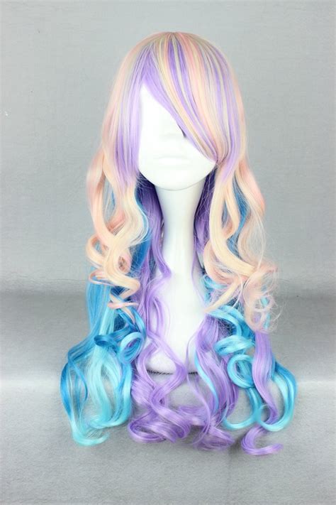 70 Cm Long Curly Mixed Blue And Purple And Orange Wig 1521