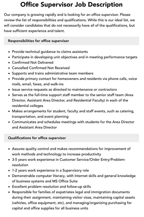Office Supervisor Job Description Velvet Jobs