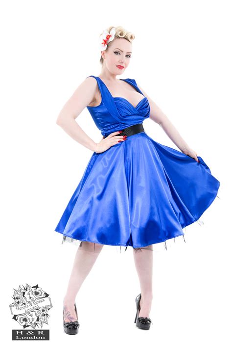 blue satin 50s prom swing dress hearts and roses london