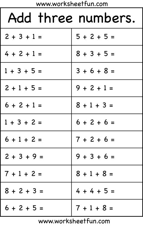 Adding Three Numbers Worksheets