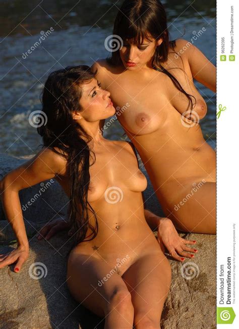 Two Gorgeous Brunette Girl Naked Next To The River Stock Image Image