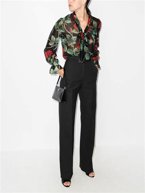 Dolce Gabbana Pussy Bow Floral Print Silk Chiffon Blouse In