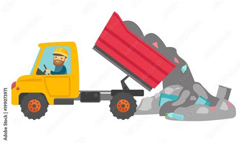 Fototapeta Caucasian White Man Driving A Garbage Truck And Unloading